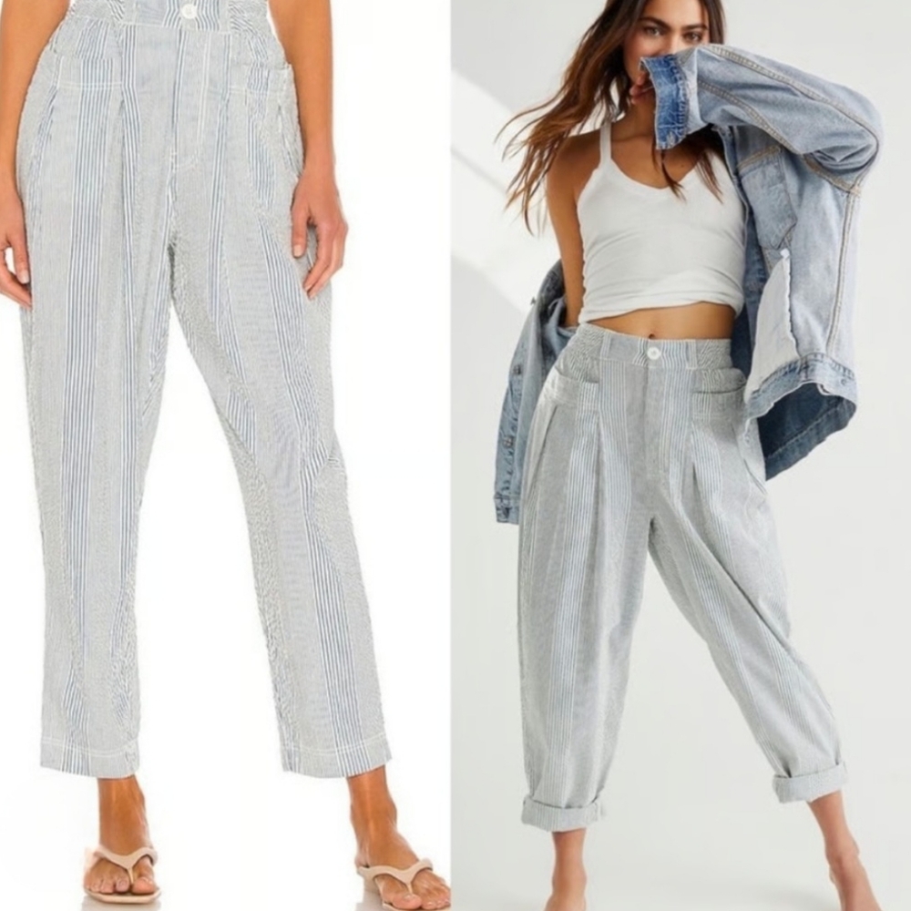 Striped High-Rise Pleated Tapered Pants - Light Blue/White